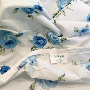 Blue Cotton Roses Bedding Iris Pillowcases Combed Percale Cottage Country Farmhouse Spring Fresh Blue Rose Twn Fitted