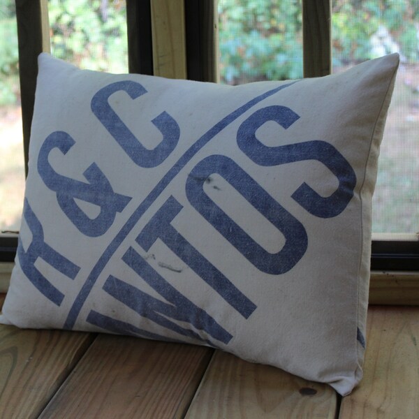 Vintage Feed Sack Pillow - Faded Blue on White