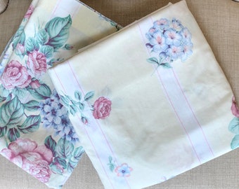 Vintage Twin Bed Sheets - Thomaston - Pastel Yellow Blue Green Pink on White - Roses Hydrangeas - Cottage Chic - Flat and Fitted