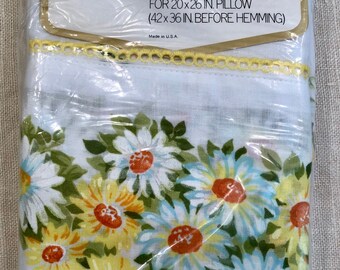 Vintage Pillow Cases - Pequot Cases - Spring - New Old Stock - Yellow Maytime Pattern - 1970s Pillowcases -Spring