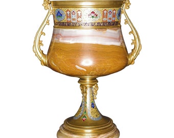 Large 19th Century Natural Agate Stone & Enameled Gilt Accent Goblet