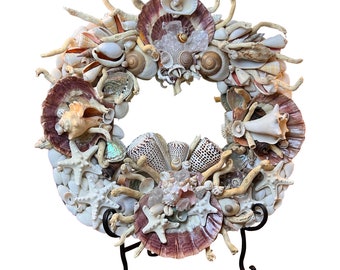 Vintage Curiosity Mirror made with shells, starfish, crystals, and driftwood