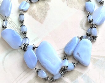 Blue Lace Agate Double Strand Necklace, Natural Gemstone Jewelry, Chunky Necklace, Statement Jewelry, Fashion Jewelry, Light Blue Beads, 170