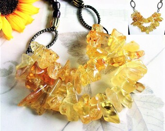 Amber Bib Necklace with Freshwater Pearls, Natural Amber, Yellow and Brown, Double Strand Necklace, Fashion Jewelry, Tibetan Amber, 181