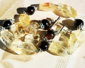 Yellow Citrine Large Nuggets and Smoky Quartz Necklace, Artisan Jewelry, Yellow and Brown Necklace, Natural Material, Handmade Jewelry, 119