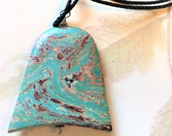 Blue Sky Jasper Pendant on Long Silk Cord, Vibrant Green Color, Natural Stone, Green Pendant, 101