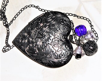 Heart Locket Chain Necklace, Long Chain Necklace, Keepsake, Gunmetal Heart Pendant, Fashion Jewelry, 143