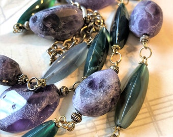 Amethyst and Green Agate Long Necklace, Natural Stones, Adjustable, Green and Violet/Lavender Color Stone, Double string, 103