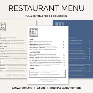 Editable Restaurant Menu Template, A4 Cafe Menu, Printable Digital Download Canva Menu for Restaurant Bar or Coffee Shop