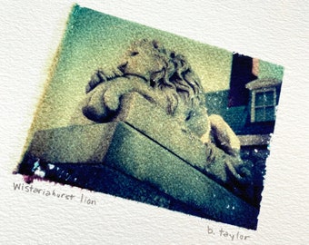 Polaroid Transfer Art, Lion At Wistariahurst, Holyoke, MA, Massachusetts Art, Big Cat Sculpture, Print of Polaraid Transfer, Frame Ready Art