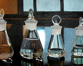 The Four Horsemen, Small Print of Original Oil Painting of Erlenmeyer Flasks Chemistry Glass Science Art Chemistry Flasks