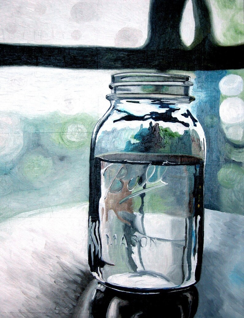May include: A clear glass Ball Mason jar filled with water, reflecting an outdoor scene. The jar sits on a dark surface, with the word "MASON" visible. The painting has a soft, impressionistic style with muted blues and greens.