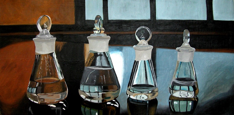 The Four Horsemen, Small Print of Original Oil Painting of Erlenmeyer Flasks Chemistry Glass Science Art Chemistry Flasks image 1