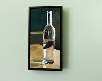 Original Painting Oil on Wood Panel Original Artwork Realism Wall Art Wall Decor Glass Wine Bottle Clear Glass Painting Neutral Wall Decor