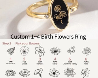 Personalized Birth Month Flower Ring, 12 Birth Flower Ring, Engrave Floral Ring, Custom Flower Ring, Gift for Women, Mama Birthday Gift