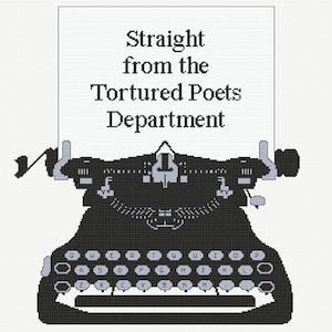 May include: Black and white illustration of a vintage typewriter with the text "Straight from the Tortured Poets Department" on a piece of paper in the carriage.