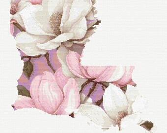 Kruissteekpatroon | Staatsbloem Louisiana | Magnolia | Louisiana-silhouet | Pdf direct downloaden