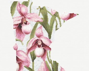 Cross Stitch Pattern | Minnesota State Flower | Pink and White Lady’s Slipper | Minnesota Silhouette | PDF Instant Download
