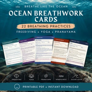 May include: A set of Ocean Breathwork Cards featuring 22 breathing practices for freediving, yoga, and pranayama. The cards include instructions for diaphragmatic breathing, wave breath, breath of fire, and sitali, with icons for mindfulness.