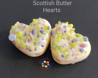 Textured Lampwork Beads Handmade, Small Beads, Glass Hearts, Scottish Butter Peacan Love Heart Pair made to order