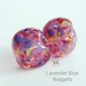 Lampwork Beads Handmade, Lavender Blue Tropical Nugger Pair, Glass Beads, pink purple  made to order