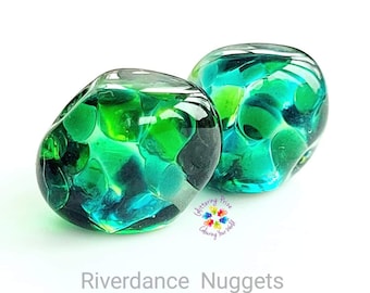 Lampwork Beads Riverdance Nugget Pair, glass beads, emerald green jewel tone  handmade, faceted beads, shimmer beads  made to made