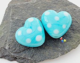 Lampwork Glass Beads Handmade, Small Beads, Heart Beads, Turquoise Polka Hearts made to order