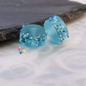 Lampwork Beads Handmade, Small Beads, Glass Beads, Blue Beads, Blue Bossom Blossom Seaglass Pair