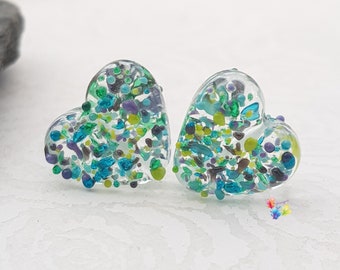 Water Nymph Texture Hearts, Lampwork Beads Handmade, Glass Hearts, Love Heart Pair purple green blue  made to order