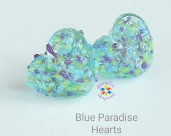 Lampwork Beads Handmade, Shiny Paradise Blue Love Heart Pair, small beads purple green pastel made to order