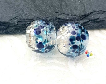 Lampwork Beads Handmade, Sing Blue Silver Globe Pair, Glass Beads, made to order