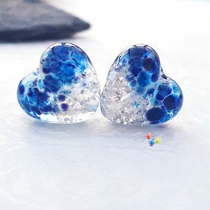 Lampwork-pärlor handgjorda, Sing Blue Silver Heart-par, glaspärlor, glitter, blå pärlor