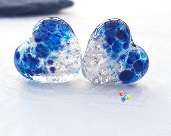 Lampwork Beads Handmade, Sing Blue Silver Heart Pair, Glass Beads, sparkle, blue beads