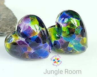 Lampwork Beads Handmade, Jungle Room Stained Glass Heart Pair, Glass Beads, purple amethyst green aqua stained glass made to order