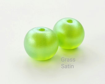Lampwork Beads Handmade, Grass Satin Rounds Pair, Glass Beads, shimmer green lime made to order