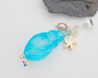 Lampwork Pendant Handmade She Sells Seashells Baby Blue Seashell beachcomber beach seaside aqua pearl gold