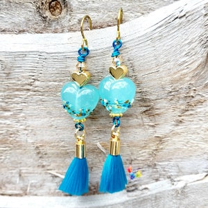 Niobium Dangle Earrings, Beachcomber Heart Tassel Earrings, Hypo Allergenic Earrings, Lampwork Jewellery, purple blue beach charm rustic image 2