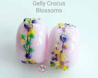 Lampwork Beads Handmade Gelly Crocus Blossom Pair Small Beads, purple yellow pink blue  made to order