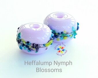 Lampwork Beads Handmade, Small Beads, Glass Beads, Purple Beads, Heffalump Nymph Blossom Pair green aqua lilac made to order