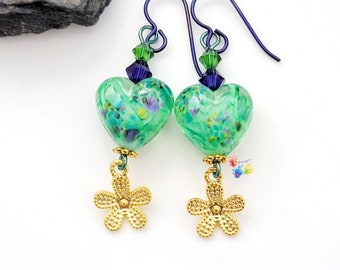 Niobium Dangle Earrings, Tangled Green Heart Gold Flower Earrings, Hypo Allergenic Earrings, Lampwork Jewellery, charm earrings blue purple