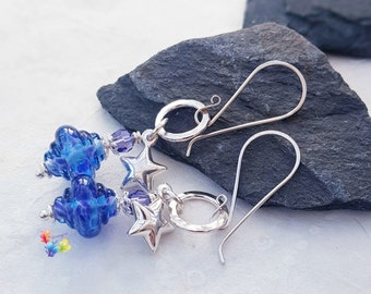 Silver Dangle Earrings, Parma Violet Spinner Sterling Silver Earrings, Lampwork Jewellery, Crystal Jewelry