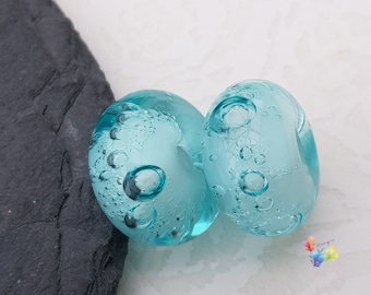 Lampwork Glass Beads Handmade,  Bright Aqua Blue Bubbles Pair  made to order