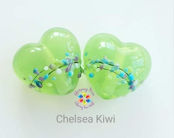 Lampwork Beads Chelsea Kiwi Blossom Heart pair, green purple blue, pastel, jewellery supplies jewelry
