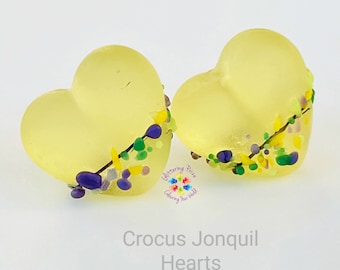 Lampwork Beads Handmade, Small Beads, Grosted Crocus Jonquil Heart Pair  yellow purple green tanzanite grass etched made to order