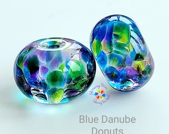 Blue Danube Donuts – Artisan Lampwork Bead Pair  made similar to order