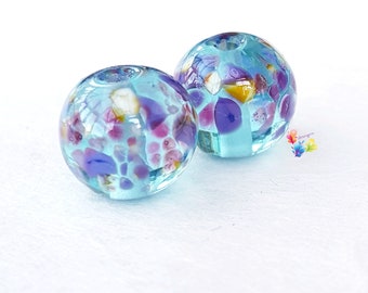 Lampwork Beads Handmade, Tropical Aqua Globe Pair, Glass Beads, blue purple