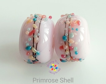 Lampwork Beads Handmade Primrose Shell Blossom Pair Small Beads, cream pink blue  made to order