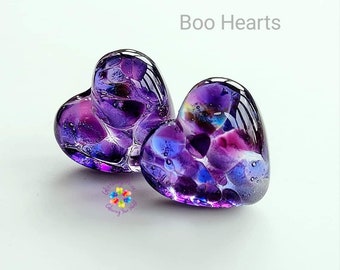 Lampwork Beads Handmade, Boo Stained Glass Heart Pair, Glass Beads, purple amethyst Violet tanzanite stained glass made to order