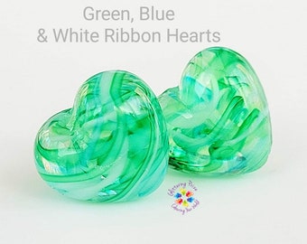 Lampwork Beads Handmade, Green, Blue & White Ribbon Heart Pair, Glass Beads, lime grass