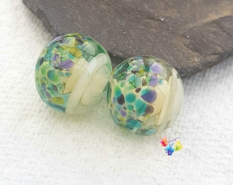 Lampwork Beads Handmade, Water Nymph Cream Ribbon Pair, Glass Beads, purple green
